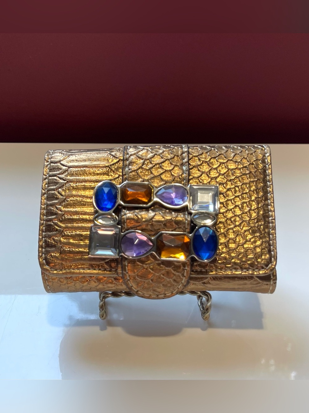 Y2K Kathy Van Zeeland Women’s Metallic Gold Wallet with Multicolor Gem Accents